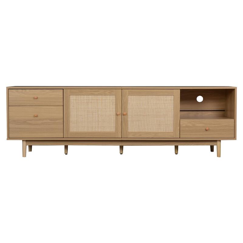 Boho TV Stand for TVs up to 85", Modern Entertainment Center with Rattan Doors, Drawers, Media Console Table for Living Room