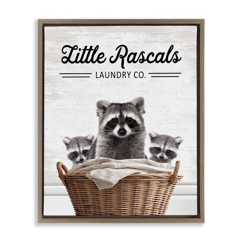 Stupell Little Rascals Laundry Raccoons Framed Floater Canvas Wall Art Design By Lettered and Lined - 17 x 21 - Brown