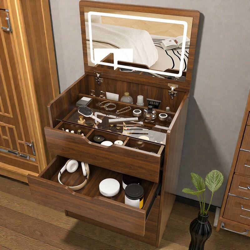 Flip Top Makeup Vanity Desk with LED Mirror and Stool, 3-in-1 Compact Storage Table for Bedroom