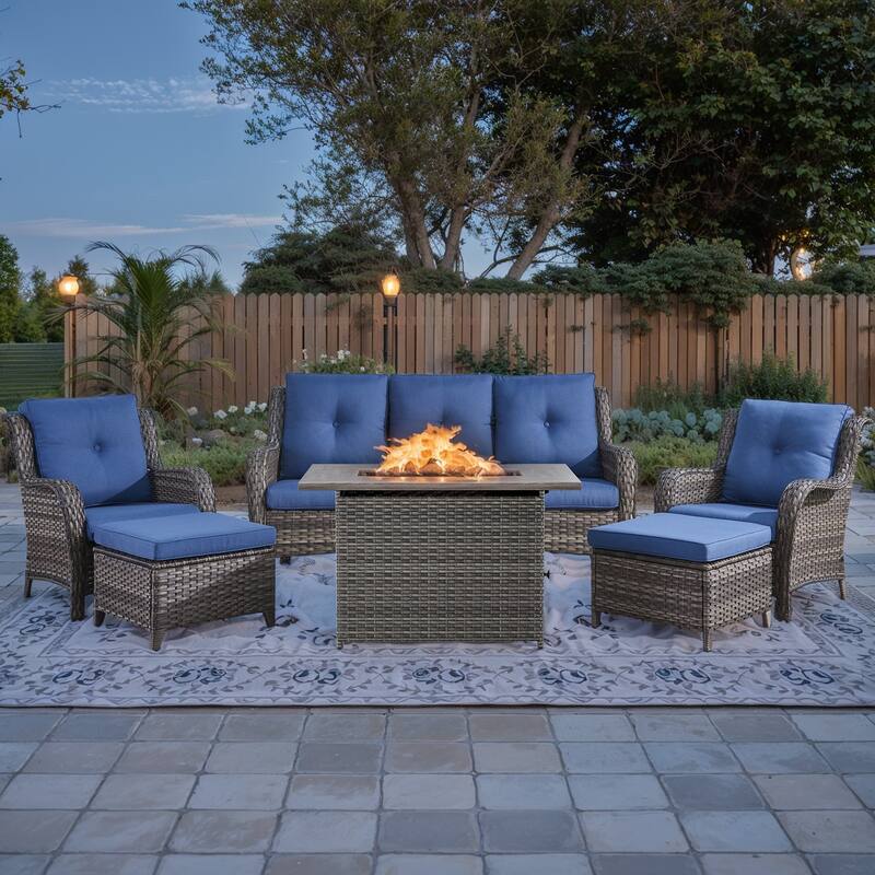 6 Piece Chair Patio Sofa Ottomans with Fire Pit Table - Blue - Grey