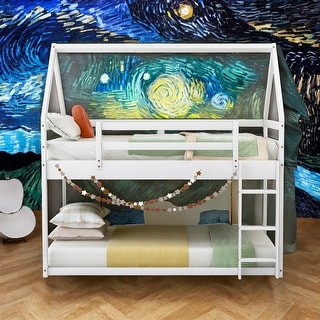 Modern Grey Twin Over Twin Low Bunk Bed,House-Shaped House Bed With Ladder