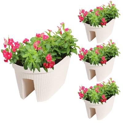 Aoodor 20'' Outdoor Balcony Railing PP Plastic Flower Pots - 4-Piece Set with Two Drainage Holes and Adjustable Brackets
