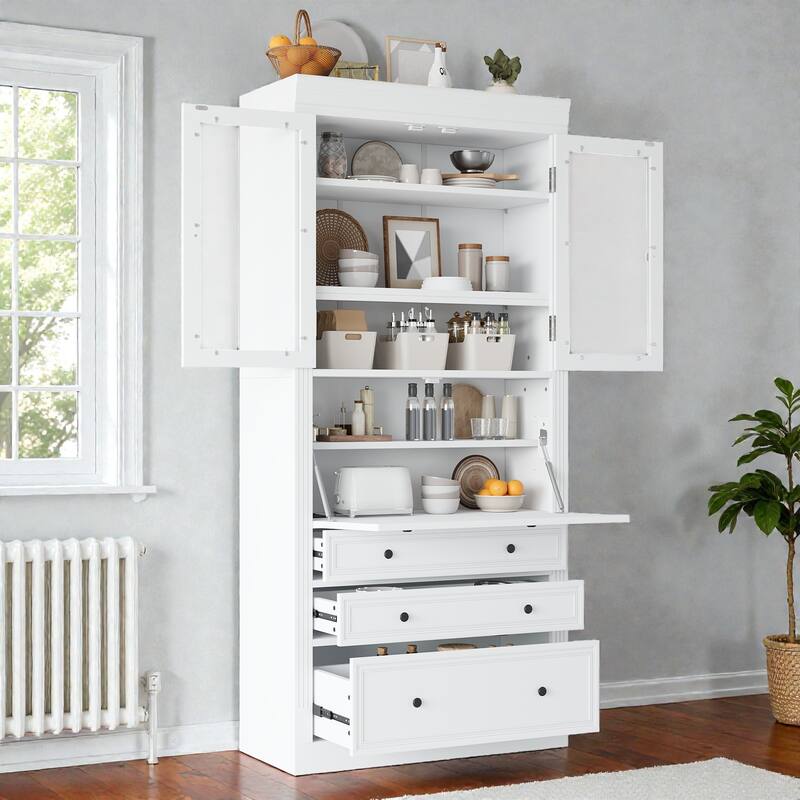 78" Freestanding Kitchen Pantry Cabinet with 3 Drawers, Glass Doors, Adjustable Shelves and Built-In Power Outlet