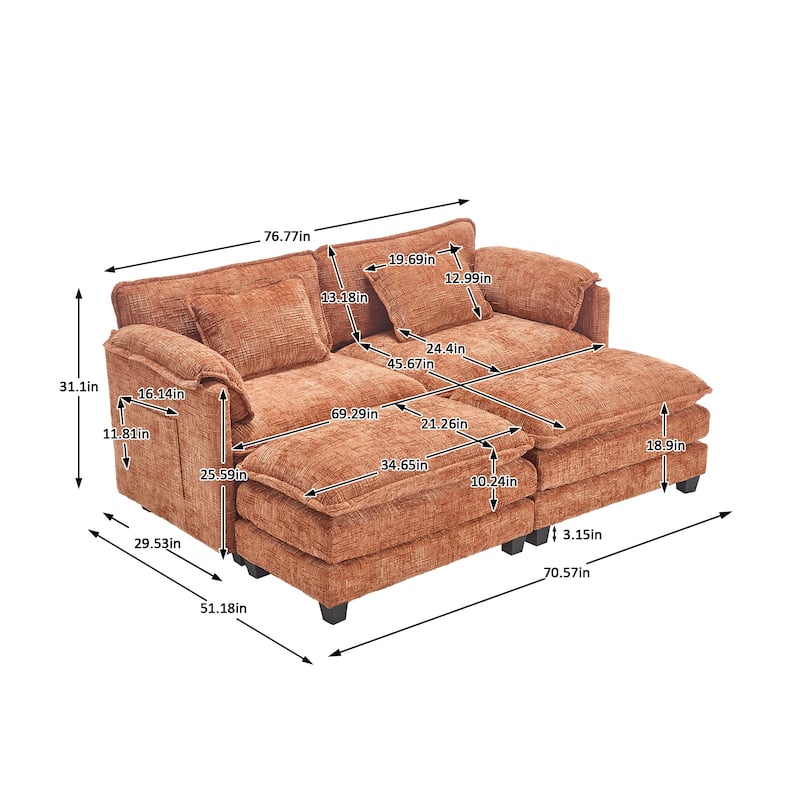 Chenille Fabric Loveseat Sofa Couch with 2 Ottomans and Side Pockets