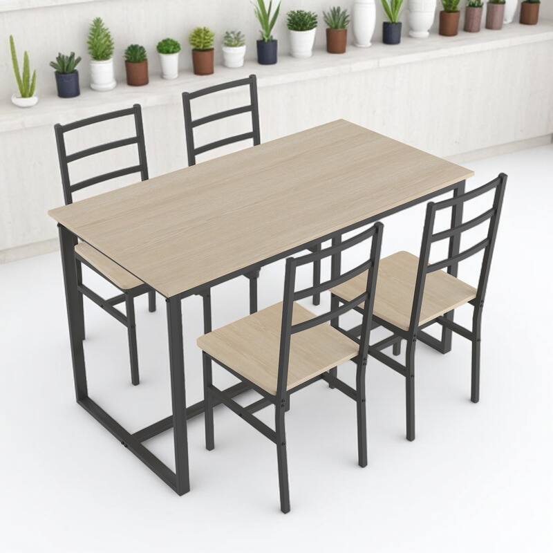 5-Piece Industrial Dining Table Set with Backrest Stools, Solid Metal Frame and MDF, Space-Saving Kitchen Table for Home - Beige