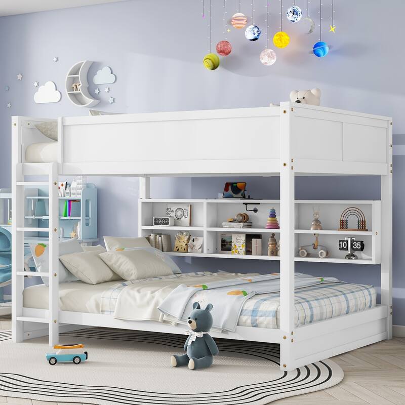 Queen Over Queen Bunk Bed with Built-in Storage Cabinets,Charging Station,Ladder,Safety Guardrails,Solid Pine Wood Bunk Bed