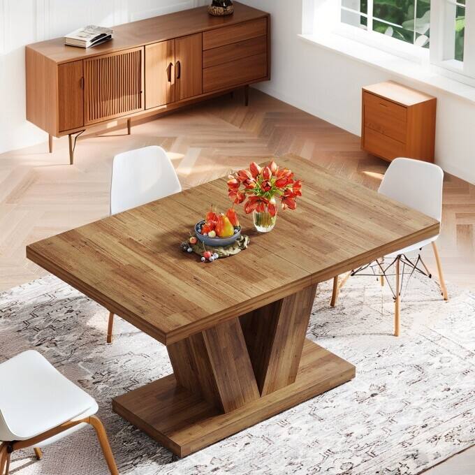 47-Inch Wooden Dining Table with Heavy Duty Pedestal, Farmhouse Kitchen Dinner Table for Home