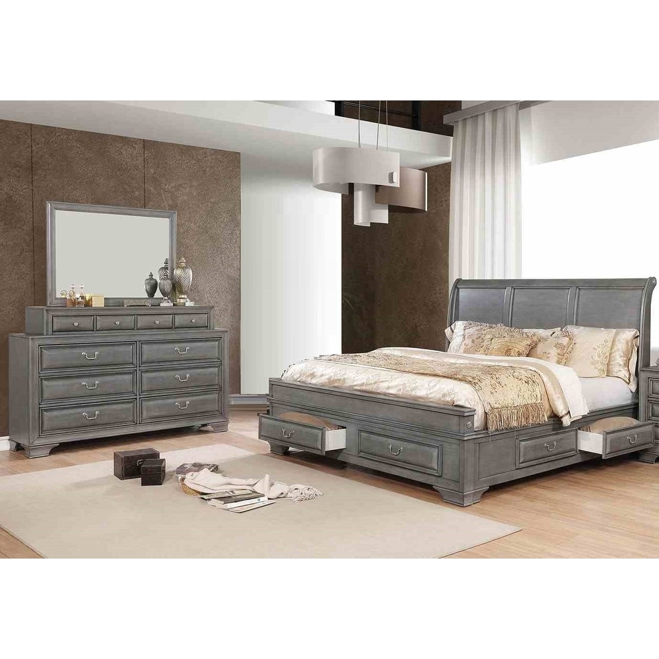 3pc Gray Finish Solid Wood Bedroom Furniture Set Bed Dresser Mirror