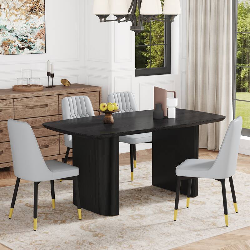 5-Piece Dining Table Set.67 * 35.4 inch wood grain MDF dining table with 4 PU cushions and metal legs - Black,Light Gray