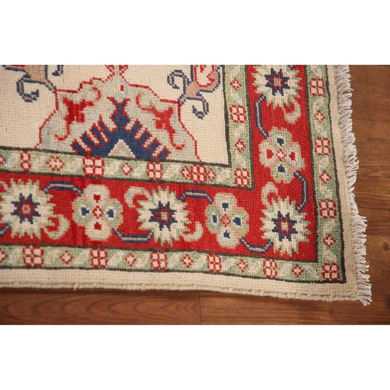 Ivory / Beige Kazak Oriental Accent Rug Hand-Knotted Wool Carpet - 3'2"x 4'8"