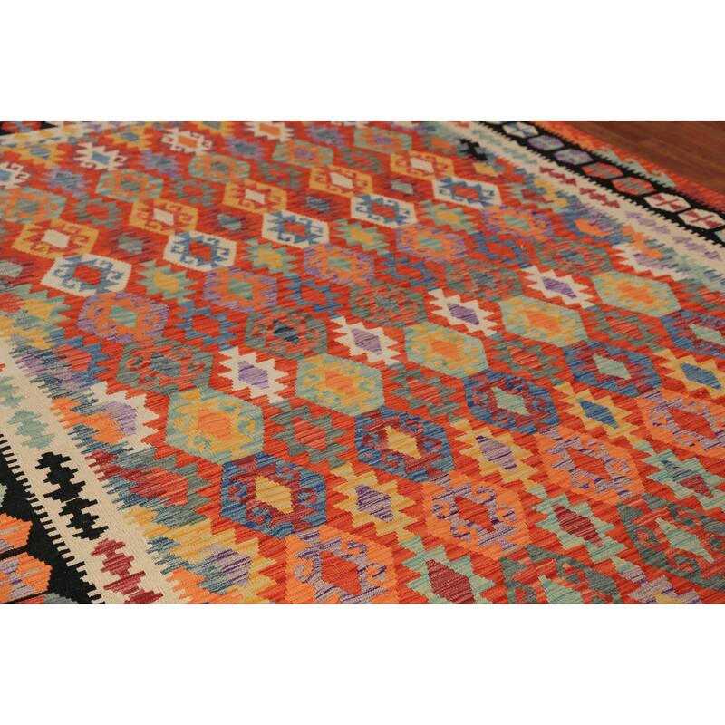 Orange Geometric Kilim Oriental Area Rug Handmade Wool Carpet - 8'7"x 11'3"
