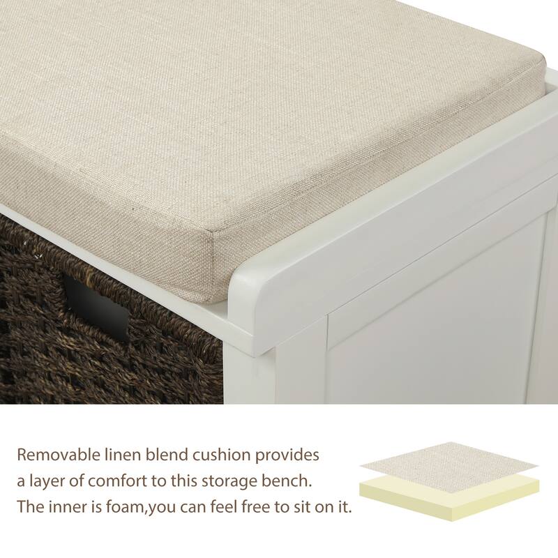 Rustic Storage Bench with 3 Removable Classic Rattan Basket , Entryway Bench with Removable Cushion