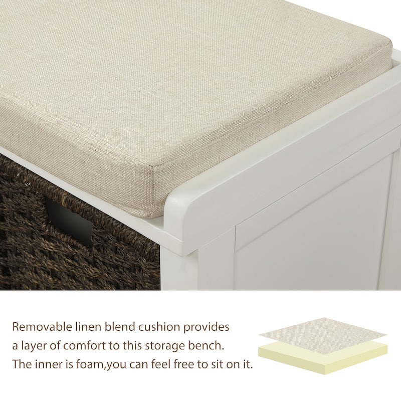 Storage Bench with 3 Removable Classic Rattan Basket , Entryway Bench with Removable Cushion