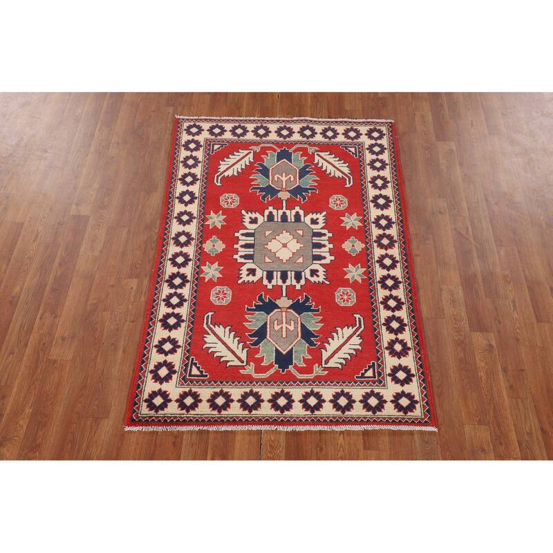 Geometric Red Kazak Oriental Accent Rug Hand-Knotted Wool Carpet - 3'5" x 4'11"