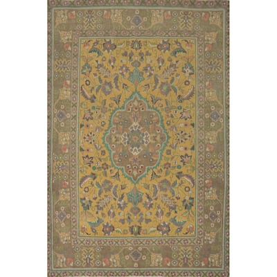 Hand Knotted Oriental 100% Wool Carpet Traditional Floral Yellow & Gold Tabriz Area Rug - 9' 2'' X 6' 8''