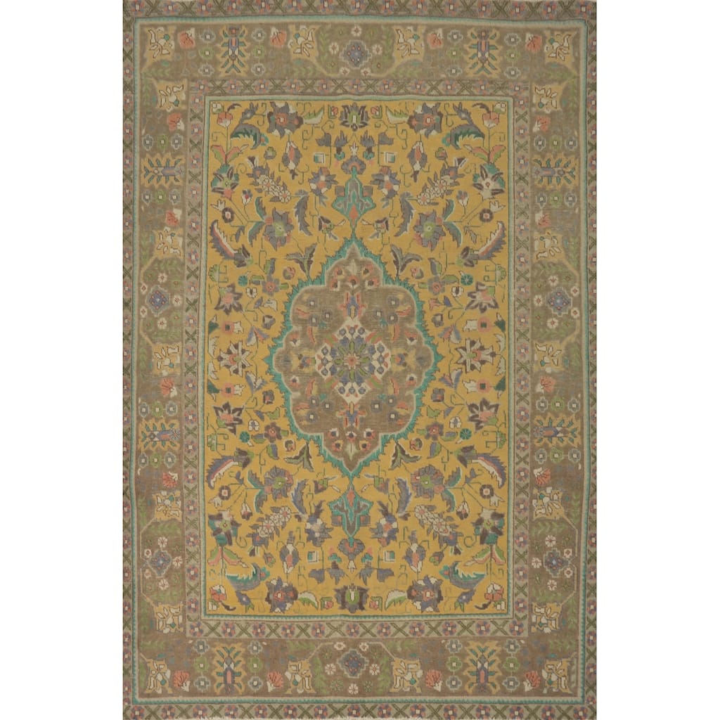 Hand Knotted Oriental 100% Wool Carpet Traditional Floral Yellow & Gold Tabriz Area Rug - 9' 2'' X 6' 8''