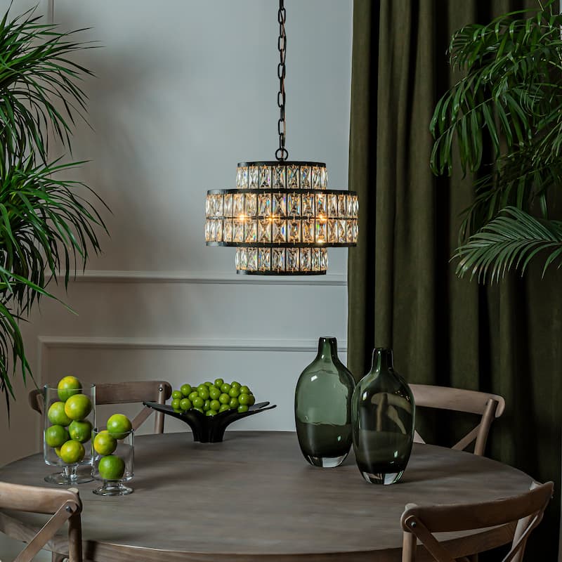 Modern Crystal Chandelier Matte Black Finish Tiered Drum Pendant Light for Small Spaces Dining Room Entryway