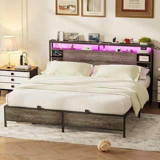Bed Frame with Charging Station and RGB LED Lights, Sturdy Platform Bed with Storage Headboard,