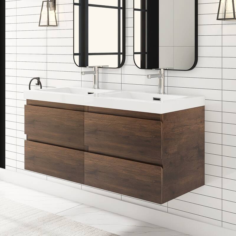 MDF Wall-Mounted Bathroom Vanity Set in Rose Wood with Integrated Culture Marble Sink