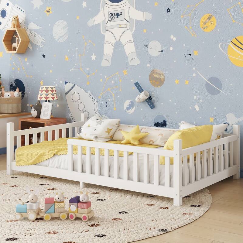 Twin/Full Size House Bed with LED Light and Fence, Wooden Low Floor Kids Bed Frame with Roof for Boys and Girls