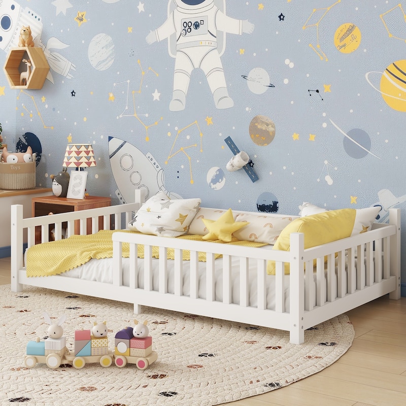 Twin House Bed with Light, Low Floor House Bed with Fence & Roof for Kids Boys Girls - White