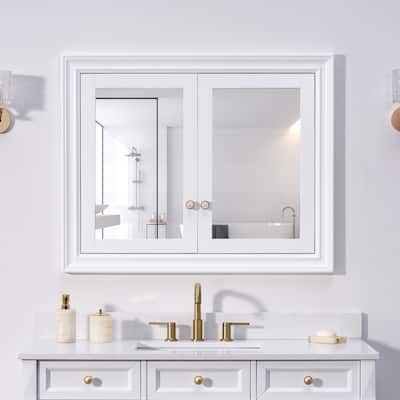 32''H Recessed Mount Solid Wood Framed Medicine Cabinet With Mirror and Shelves
