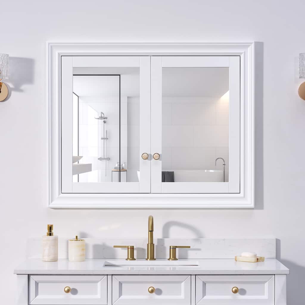 32''H Recessed Mount Solid Wood Framed Medicine Cabinet With Mirror and Shelves