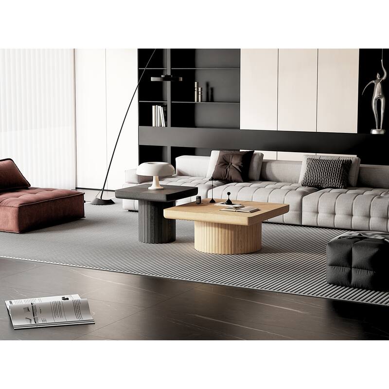 Modern Wood Coffee Table with Cylindrical & Fluted Pedestal