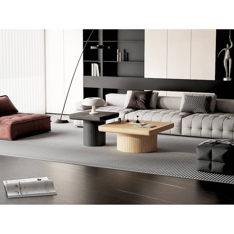 Wood Nesting Coffee Table Set, 2-Piece Coffee Table with Cylindrical Fluted Pedestal, Versatile Nesting Tables for Living Room