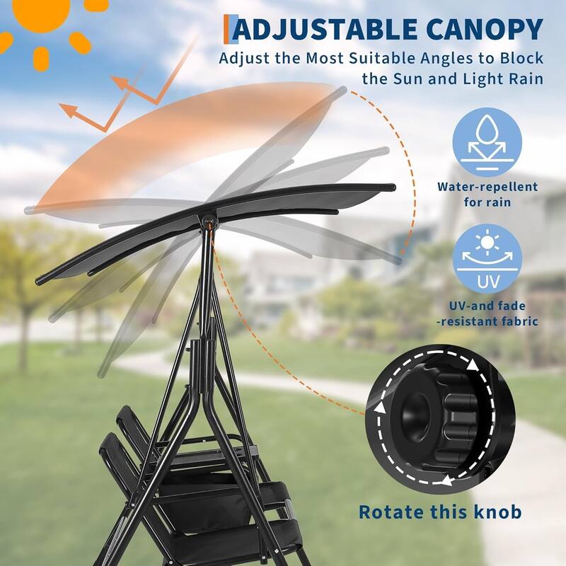 2 Person Porch Swing with Cup Holders with Adjustable Canopy for Backyard Balcony Poolside