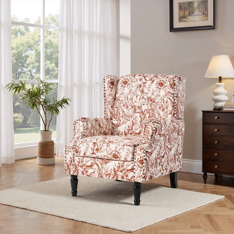 Traditional Floral Patterned Wingback Armchair with Nailhead Trim