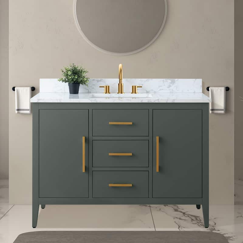 Vanity Art 48" Single Sink Bathroom Vanity Cabinet with Engineered Marble Countertop - 48"/Golden Brushed Handle - Vintage Green