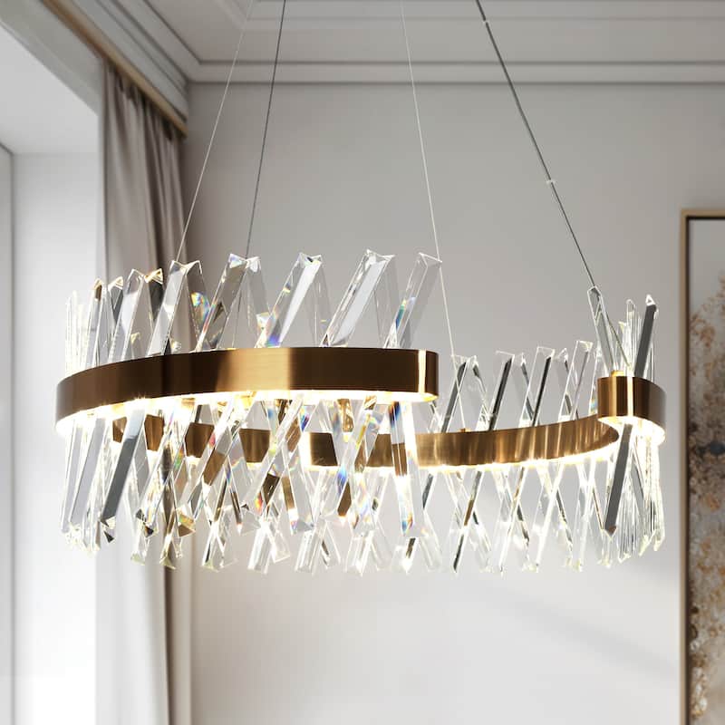 Modern 2-Light LED Crystal Chandelier Gold Luxury Drum Light for Dining Living Room - D23.2" x H9.4"