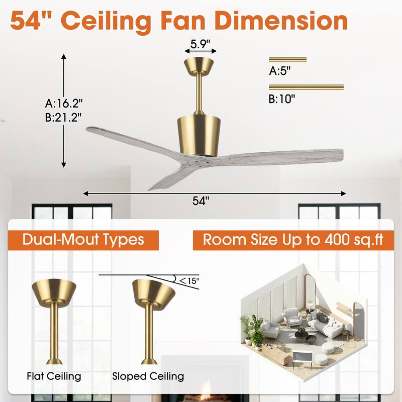 54" Modern Gold Indoor Ceiling Fan with Solid Wood Blades, 6-Speed DC Motor and Remote Control
