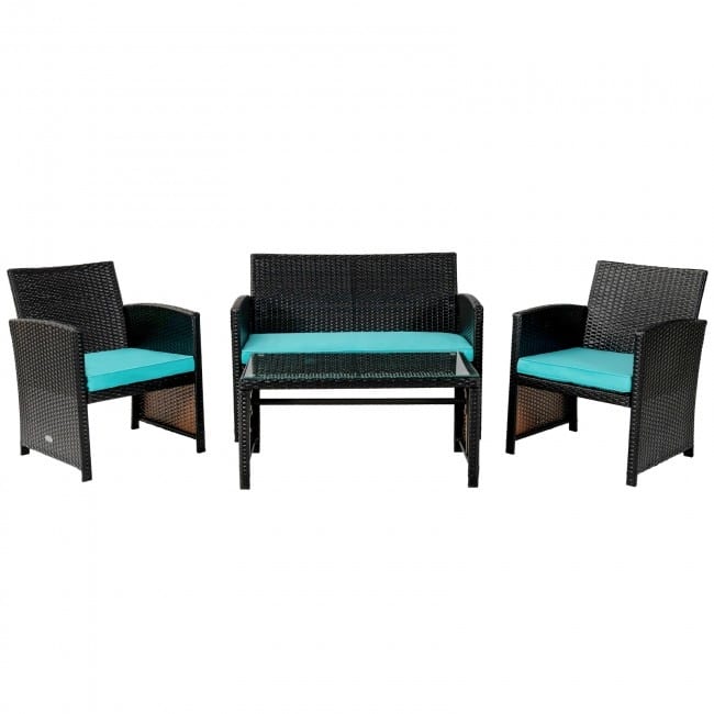 4Pcs Patio Rattan Cushioned Furniture Set - 43.5" x 25" x 31" (L x W x H) - Turquoise