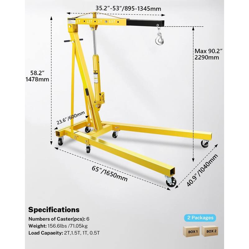 2-Ton Shop Crane, Hydraulic Folding Engine Hoist w/6 Steel Casters