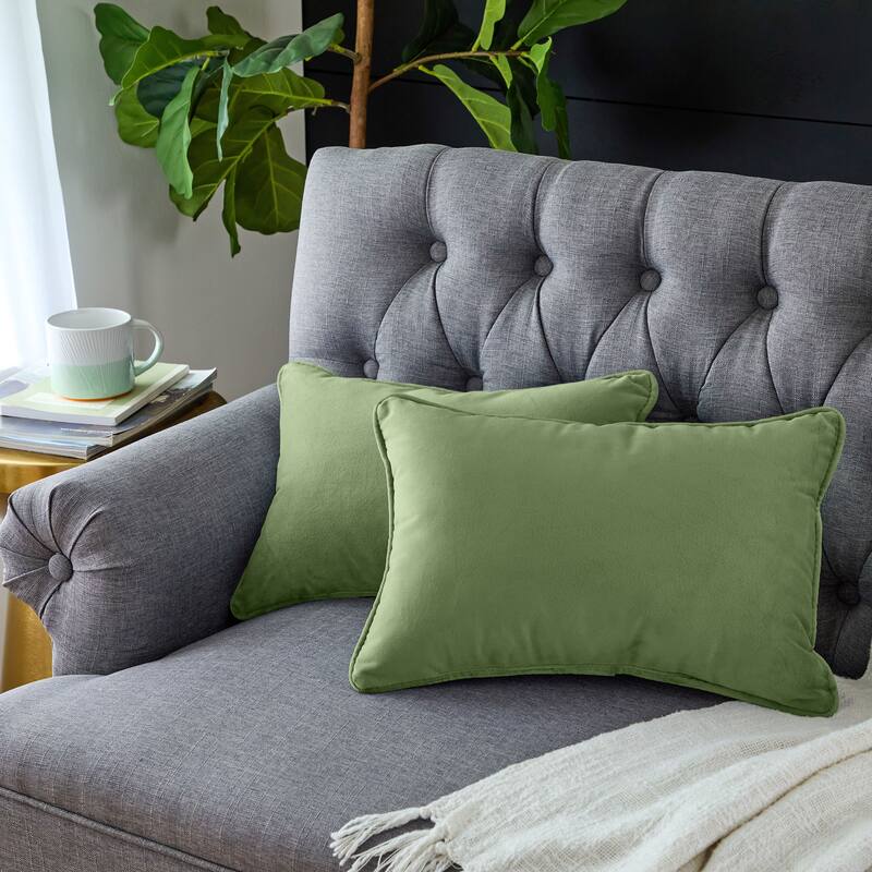 Sorra Home Solid Velvet Indoor Corded Pillow Set of 2 - 12 in H x 18 in W x 6 in D - Aloe