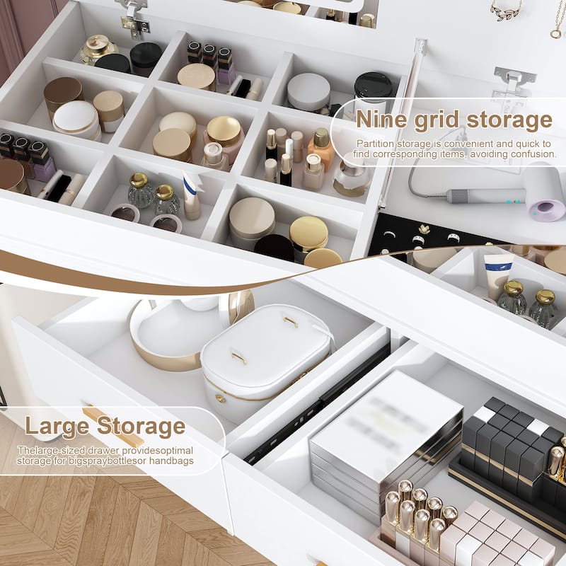 Flip Top Vanity Desk with Built-in LED Mirror, Outlet, 2 Drawers & Jewelry Hooks