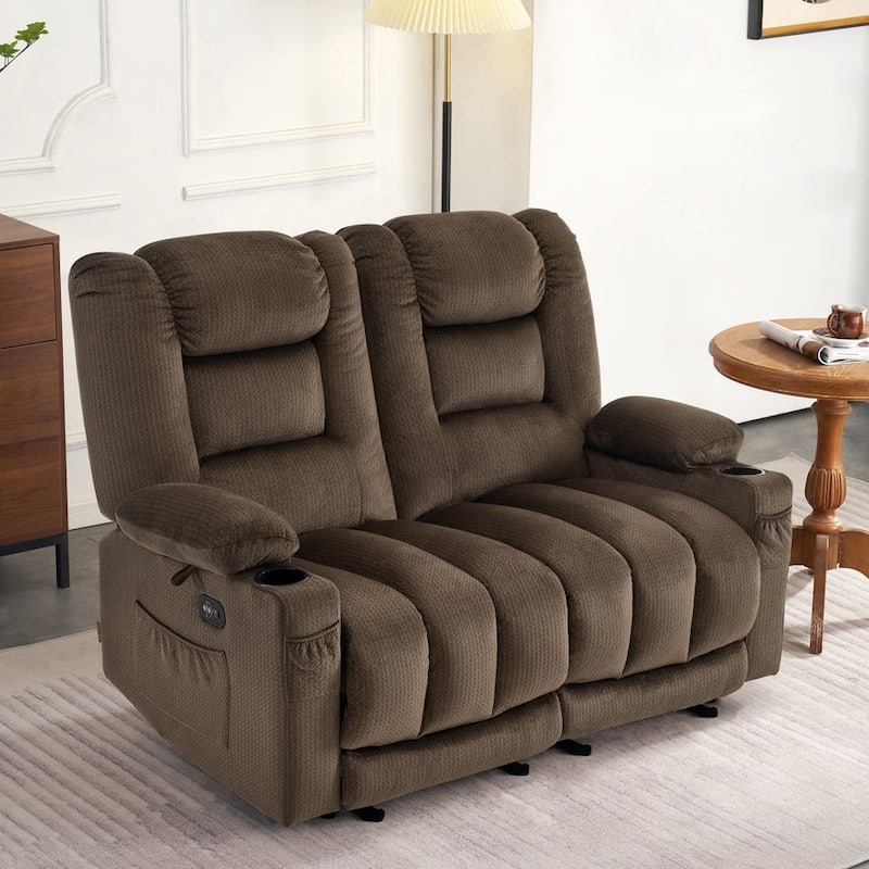 MCombo Power Reclining Loveseat Sofa with Heat and Massage, Fabric PR648 - 2-Seat Brown