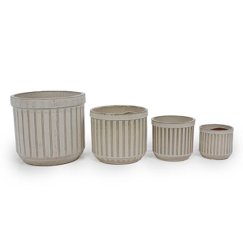 Ceramic Flowerpot Planter 14.18in Cream Striped Frost Resistant Customizable for Indoor Outdoor, 4pc