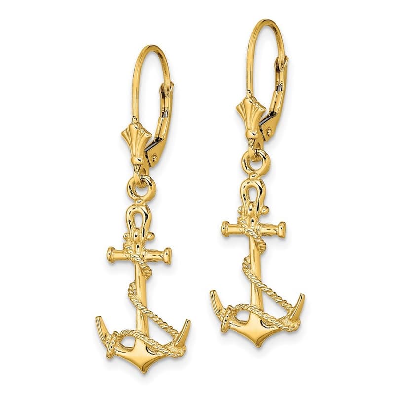 Curata 14k Gold 3 d Nautical Ship Mariner Anchor With Shackle and Entwined Rope Leverback Earrings - 37.5mm long