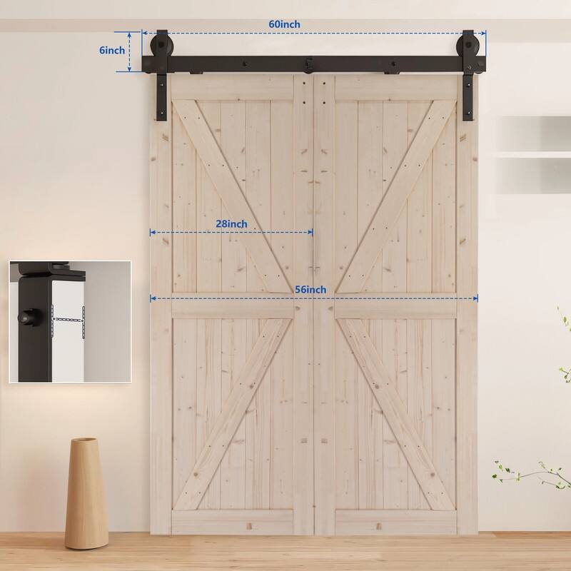 60" Sliding Barn Door Hardware Kit for 2 Doors, J Shape,No Door (Track Length 60" for Double 28" Wide Door)