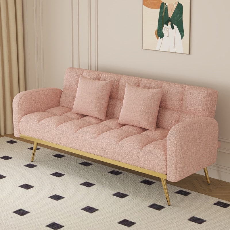 68.5-inch teddy velvet sofa bed with throw pillows