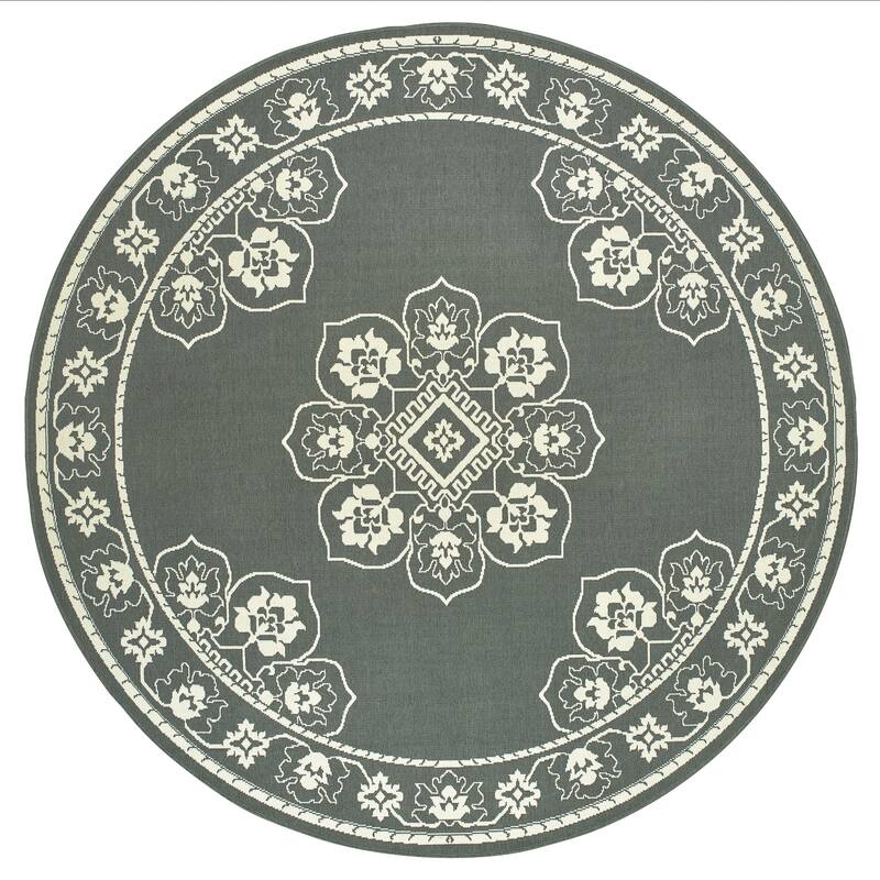 Style Haven Marianna Bordered Medallion Loop Pile Indoor Outdoor Area Rug - 7' Round - Grey/Off-White