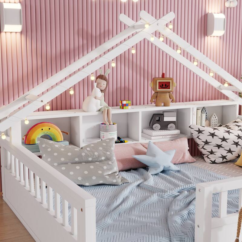 Floor Bed House Bed Frame with Storage Shelf Safety Guardrails