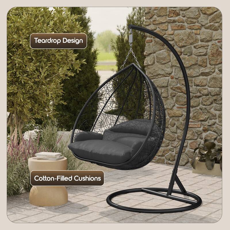 2-Person Outdoor Hanging Egg Chair with Teardrop Frame, Weather-Resistant Cotton Cushioned Seat for Patio and Indoor Use