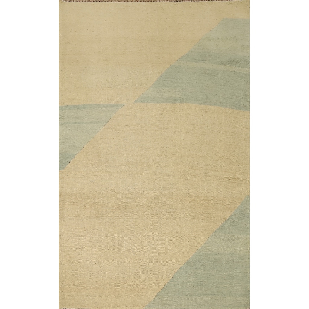 Hand Woven Oriental 100% Wool Carpet Southwestern Modern Beige & Ivories Kilim Area Rug - 5' 9'' X 3' 10''