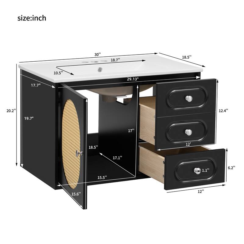 30" Bathroom Vanity with Ceramic Sink, Mid-Century Bathroom Vanity Cabinet with 2 Drawers, with Large Storage Space