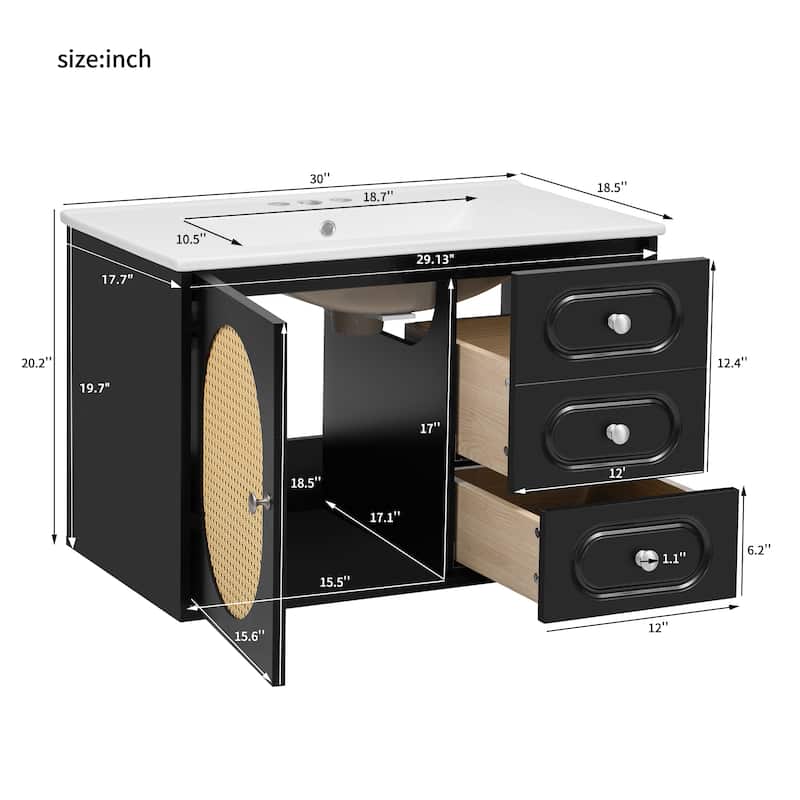 30" Bathroom Vanity with Ceramic Sink, Mid-Century Bathroom Vanity Cabinet with 2 Drawers