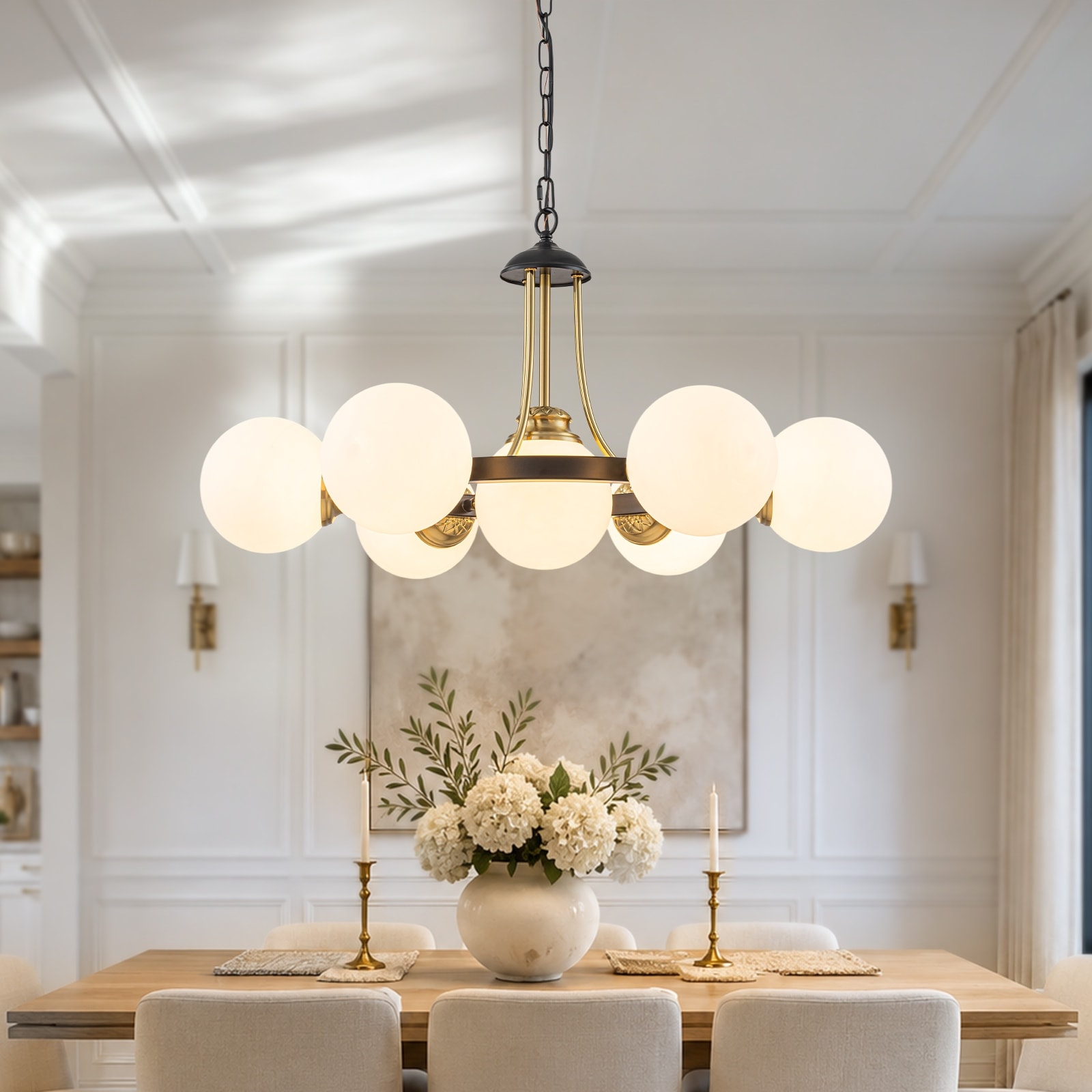 7-Light Modern Black Chandelier Opal Glass Globe Shades Pendant Light - Dia.29.53 inch